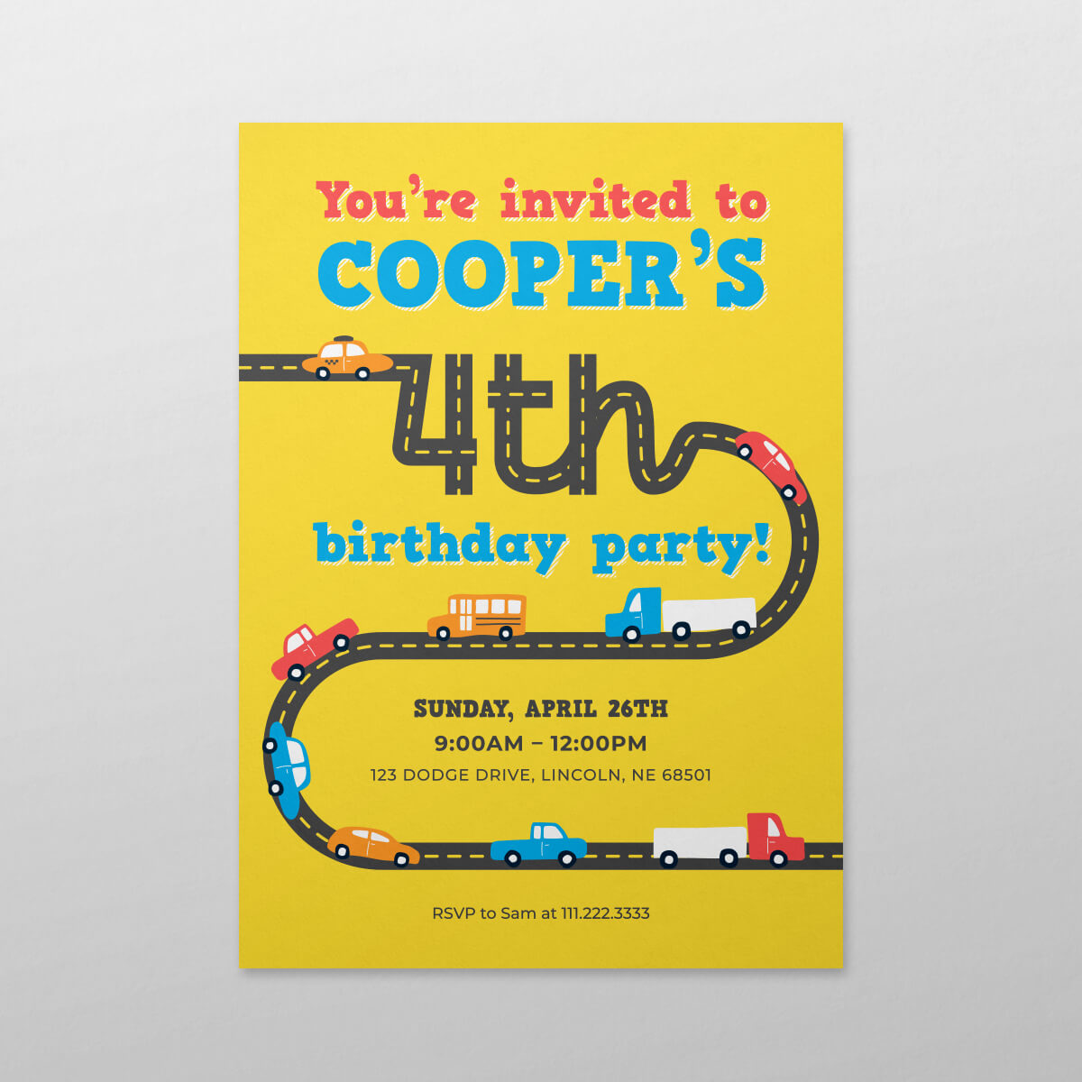 Vehicle-themed birthday invitation